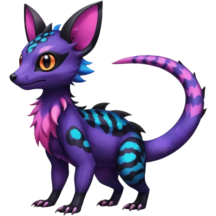 Rare epic aesthetic colorful Salandit-Noibat-Eevee-Civet-species-Fakemon-hybrid-creature, with markings, full body emoji