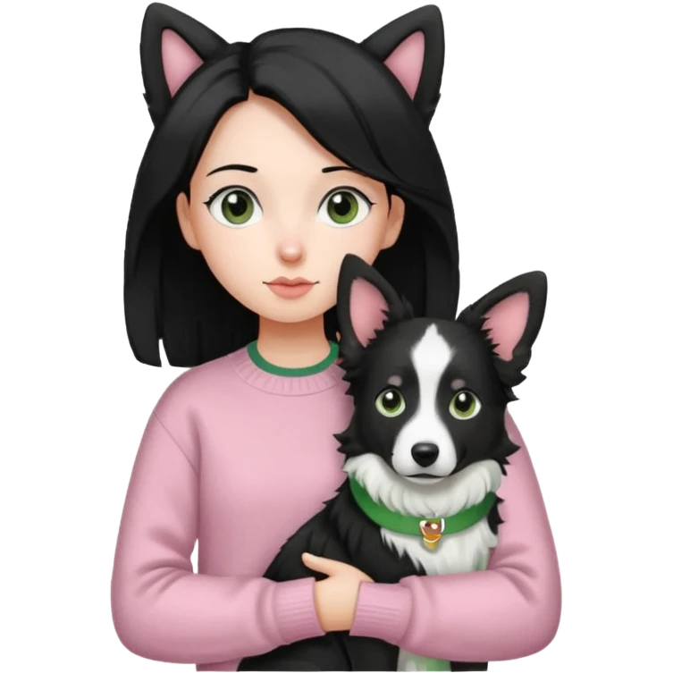 girl with side parted long black hair, wearing a light pink and green sweater, carrying a black and white border collie with perked ears emoji
