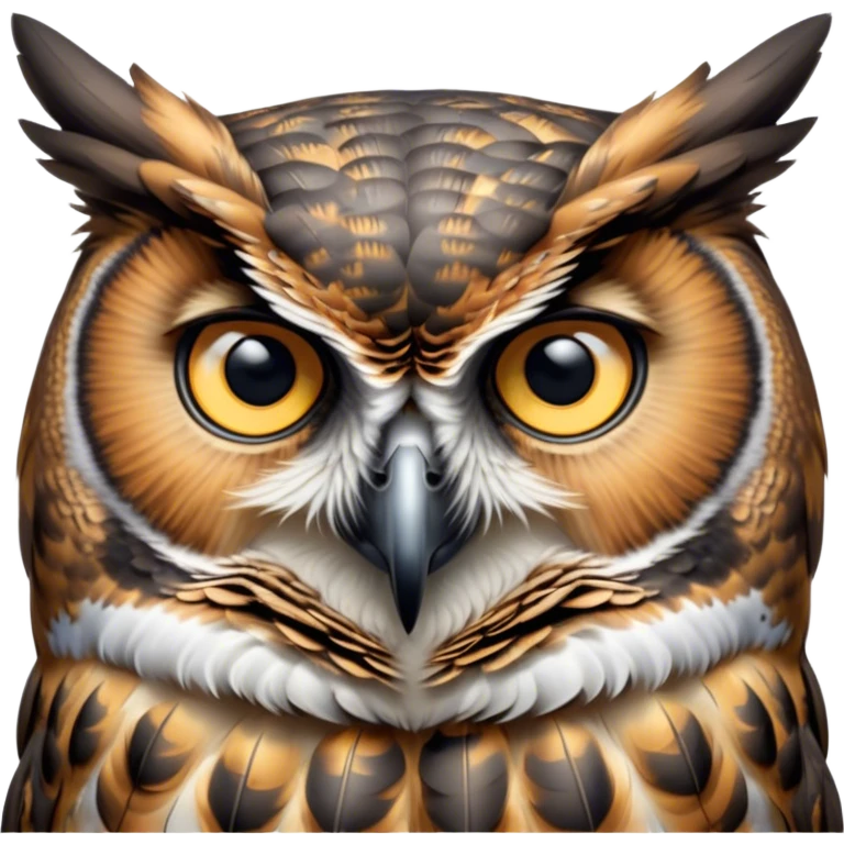 Cinematic Deep Thought Great Horned Owl Portrait Emoji, Head held high with a calm, reflective gaze, showcasing a beautifully mottled plumage and piercing golden eyes that seem to ponder the mysteries of the night, Simplified yet majestically refined features, highly detailed, glowing with a soft, contemplative light, high shine, poised and thoughtful, stylized with an air of profound introspection, capturing the essence of an owl deeply engaged in thought, so thoughtful it feels like it could silently share timeless secrets from beyond the screen! emoji