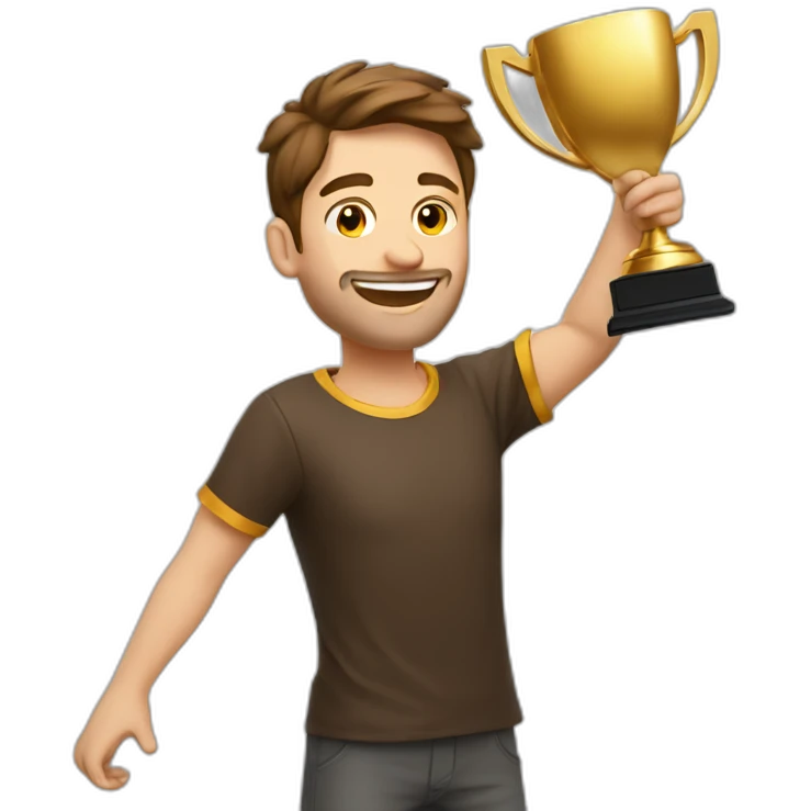 the white European man brown hair Celebrating, Raising a gold trophy in your hands, full body emoji