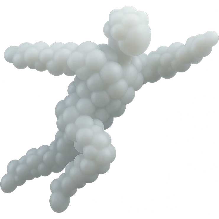 flying person made entirely of small very white fluffy convex clouds, matte glass style, minimalism, no background emoji