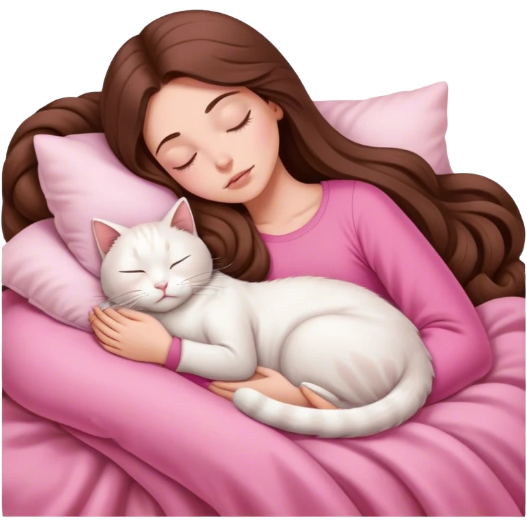 A pretty white girl with very long brown hair and pink clothing sleeping curled up to a white cat  emoji