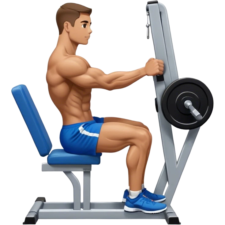 side-view bodybuilder in blue shorts seated weighted calf-raise machine on his tip toes emoji