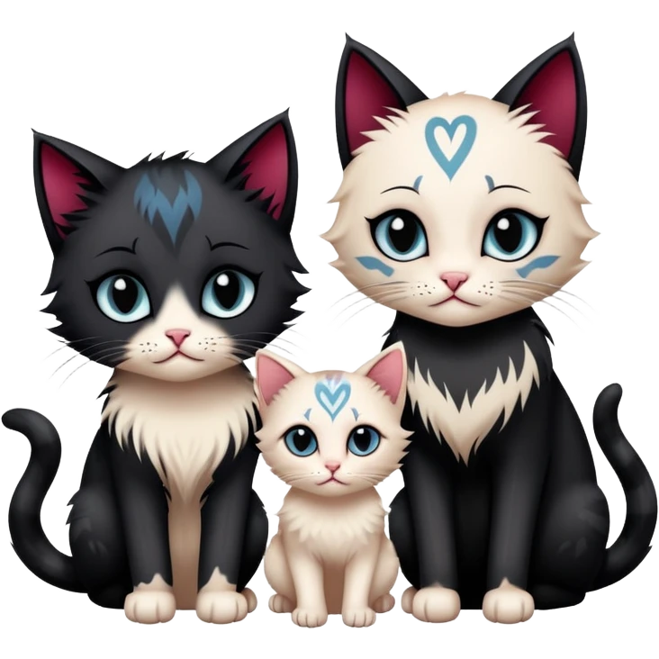 two emo cats in love with tattoos and cool hair, plus three emo kittens emoji