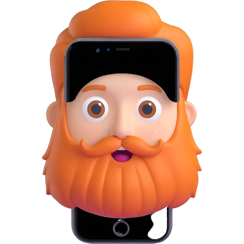 bold man with beard speaking on an iPhone, animoji style, surprised expression, 3D look emoji