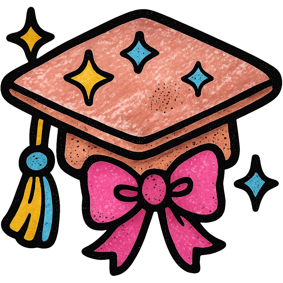 girly graduation cap in black and rose gold, with sparkles and a bow, feminine style, glitter accents emoji