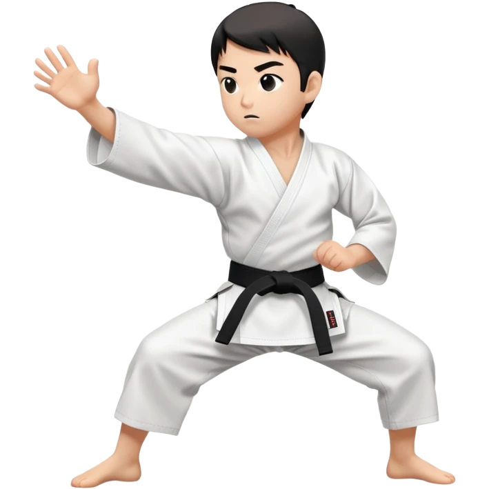 A disciplined karateka in white gi and black belt, performing a mid-side kick pose, calm facial expression with focused eyes, minimal but powerful, traditional Japanese dojo feel emoji