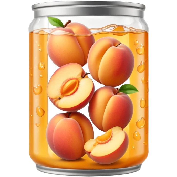 open metal can filled with golden peach halves submerged in glossy light syrup, smooth plump slightly translucent fruit pieces nestled in clear liquid, simple can no label or branding, apple emoji style, soft lighting, subtle shadows, transparent background, emoji scale emoji