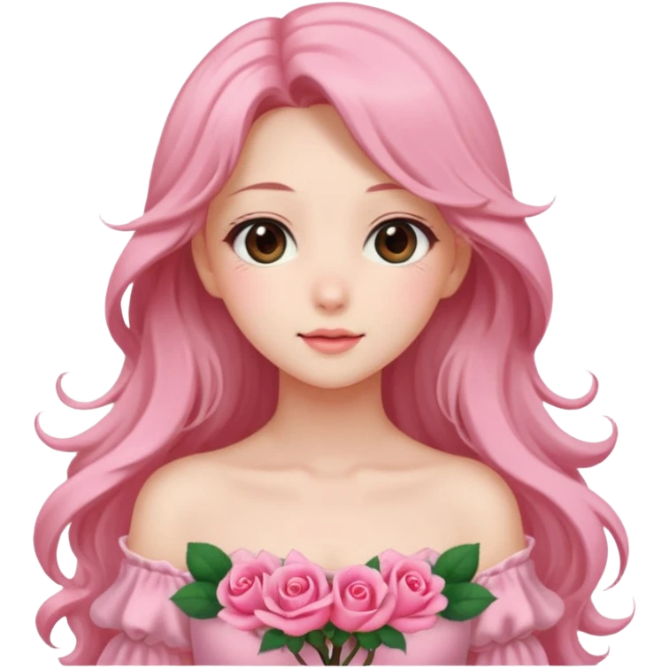 Gorgeous pastel anime lady with long hair and pink rose dress emoji