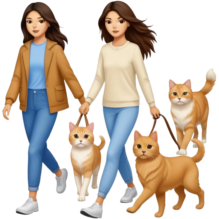 Kendall Jenner with long brown hair walking a golden retriever dog and three cats, two cream colored cats and one white and blue cat emoji