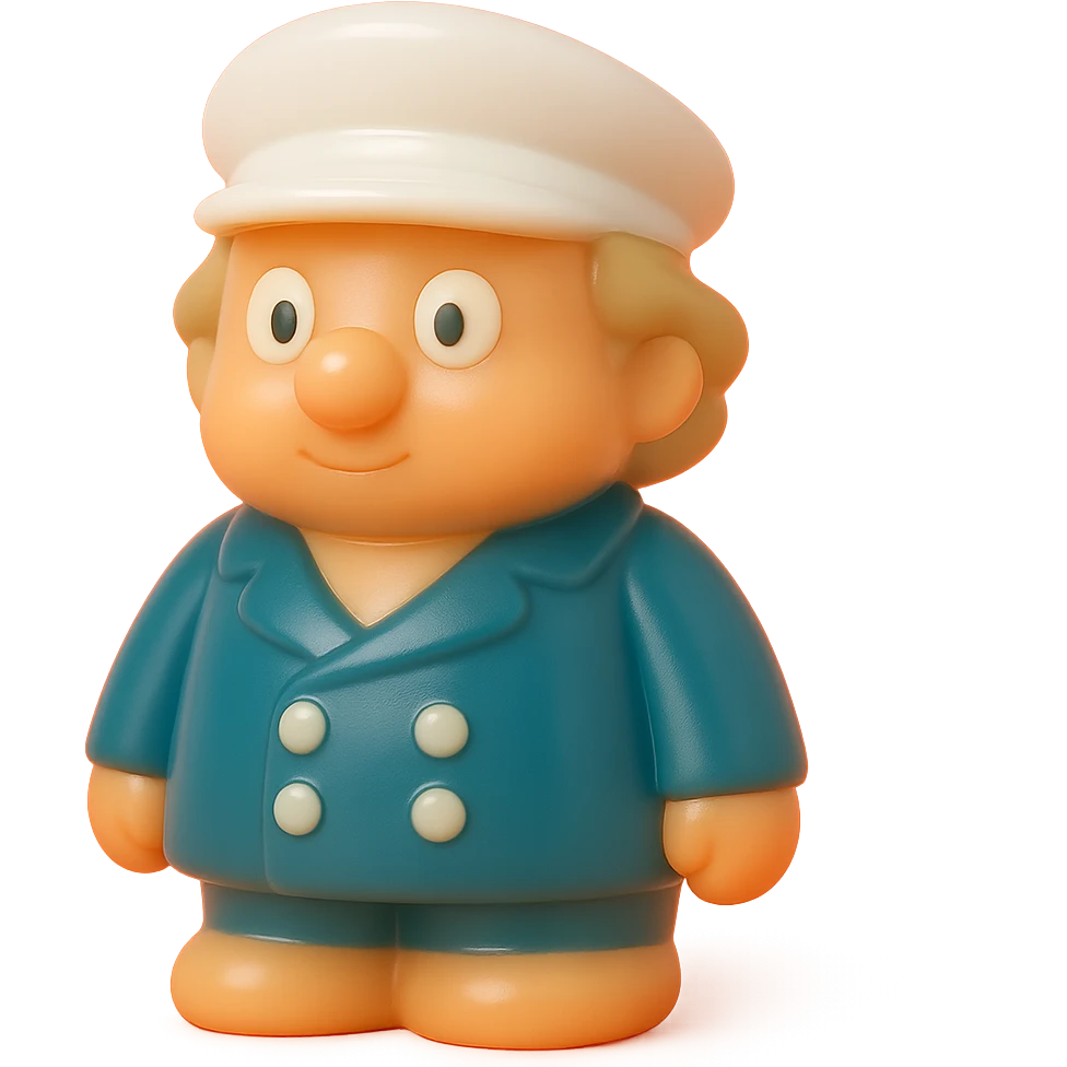 hyper-detailed retro 90's toy style semi-transparent soft plastic boat captain with derpy eyes natural colors tan skin white captain's hat navy jacket no tag no background soft reflections soft and squishy some cloudiness not shiny highly detailed appealing emoji