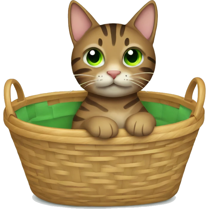  brown tabby cat with green eyes sitting in a basket with a handle emoji