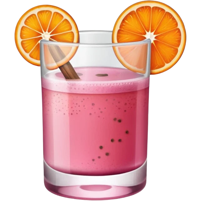 Pink drink in a short glass with one orange slice and spice on the rim emoji