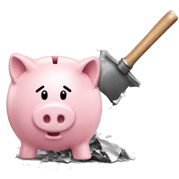 piggy bank, but broken, shattered by a hammer emoji