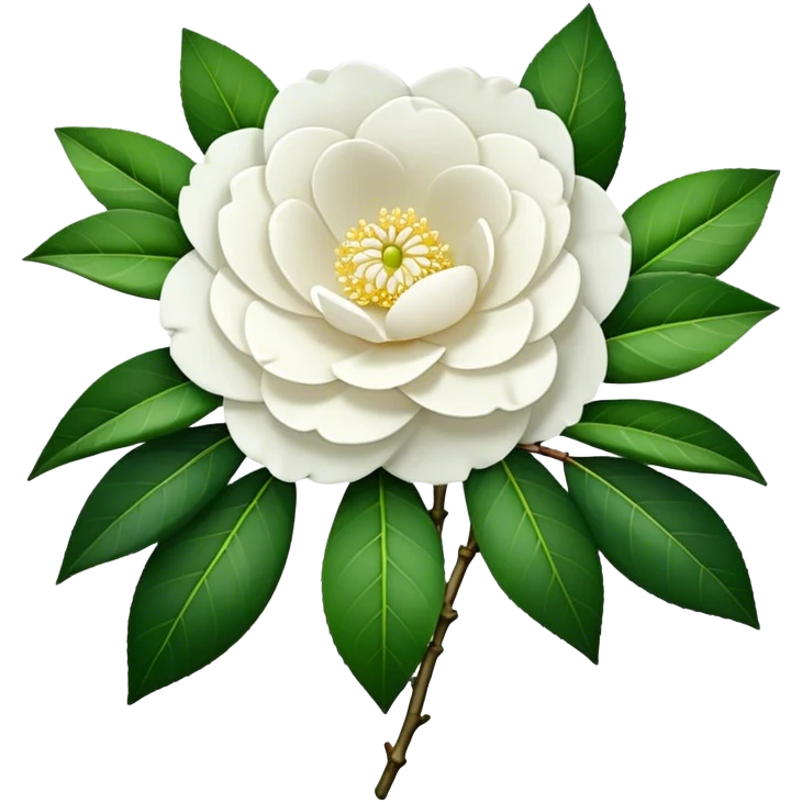 big bouquet White Camellia Japonica, luxuriant, stem, leaf emoji