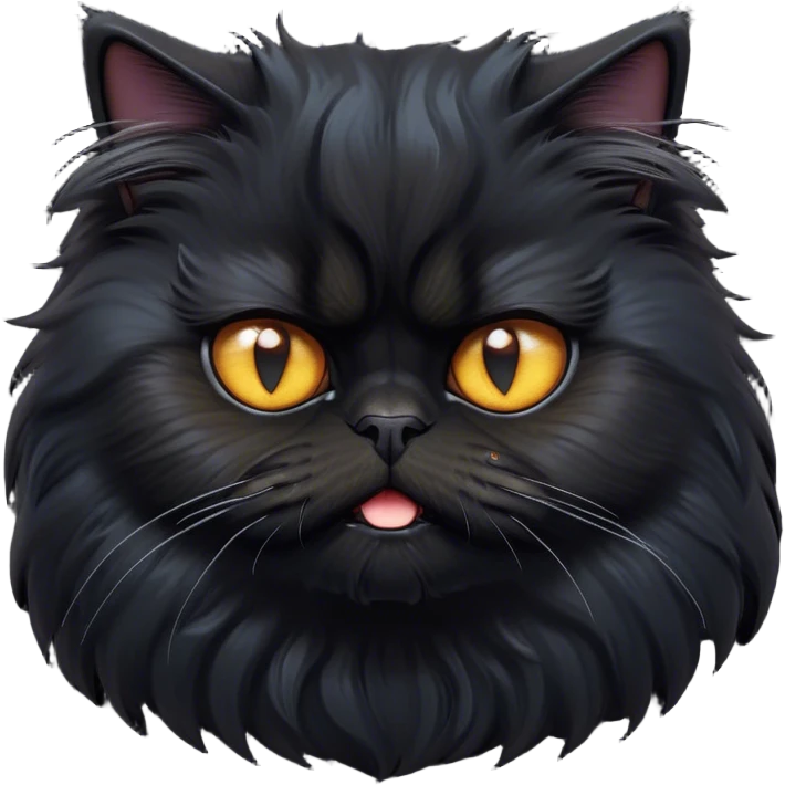 Cinematic Grumpy Frazzled Black Persian Cat Portrait Emoji, Head tilted with an exaggeratedly grumpy expression, fluffy black fur with hints of silver and deep undertones, Simplified yet hilariously frazzled features with large, expressive eyes, highly detailed, glowing with a warm but irritated glow, high shine, a mix of annoyed and disheveled, stylized with a touch of humor, bright but with a completely frazzled and grumpy face, soft glowing outline, capturing the essence of a quirky yet grumpy kitty, so endearing it feels like it could leap out of the screen and demand attention with its wonderfully grumpy, frazzled charm! emoji