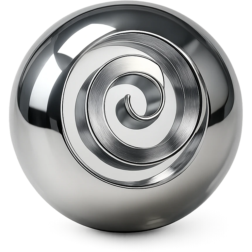 translucent sphere with a metallic spiral suspended inside, highly reflective and futuristic, chrome style emoji