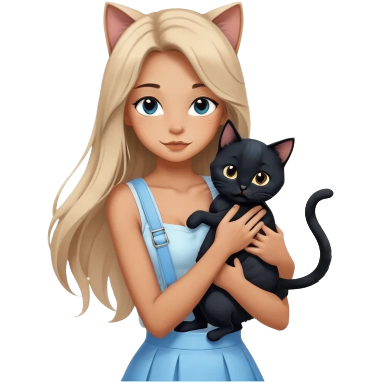 A sexy girl with long hair wearing a light blue suspender skirt hugs a black cat tightly emoji