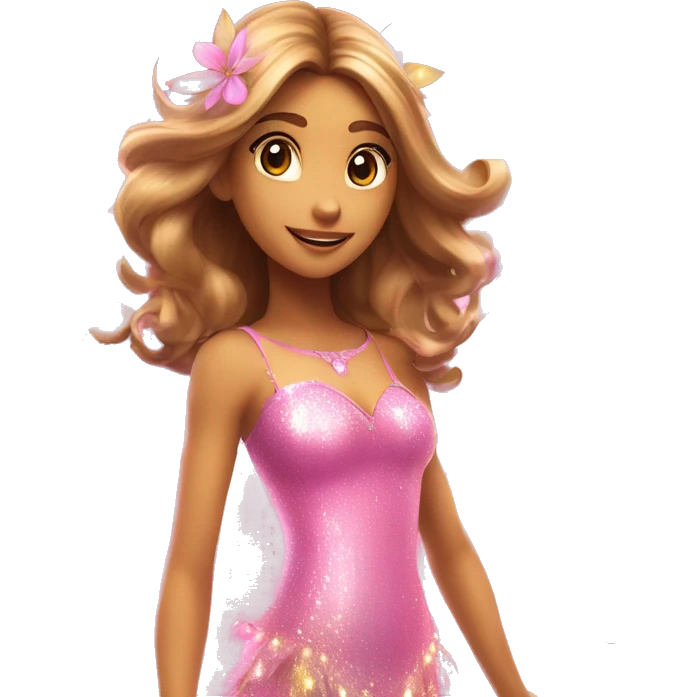 Flora the adult latina fairy of nature in her enchantix fairy pink clothing and fairy enchantix wings and long light brown hair from winx club. Small eyes, Lots of sparkles and fairydust   emoji