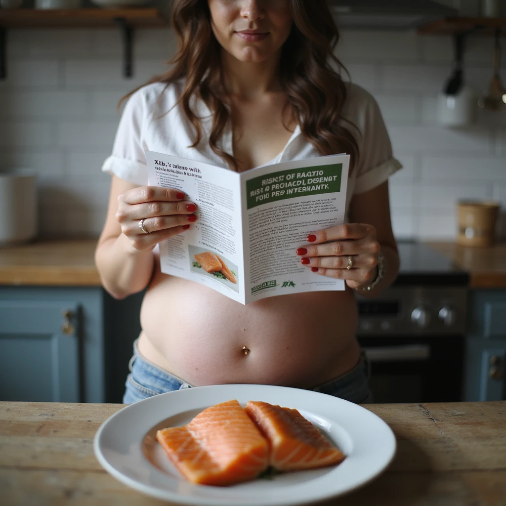 realistic pregnant woman in 4K in a kitchen, reading an informational brochure about the risks of raw fish during pregnancy, with a plate of raw salmon on the table being set aside emoji
