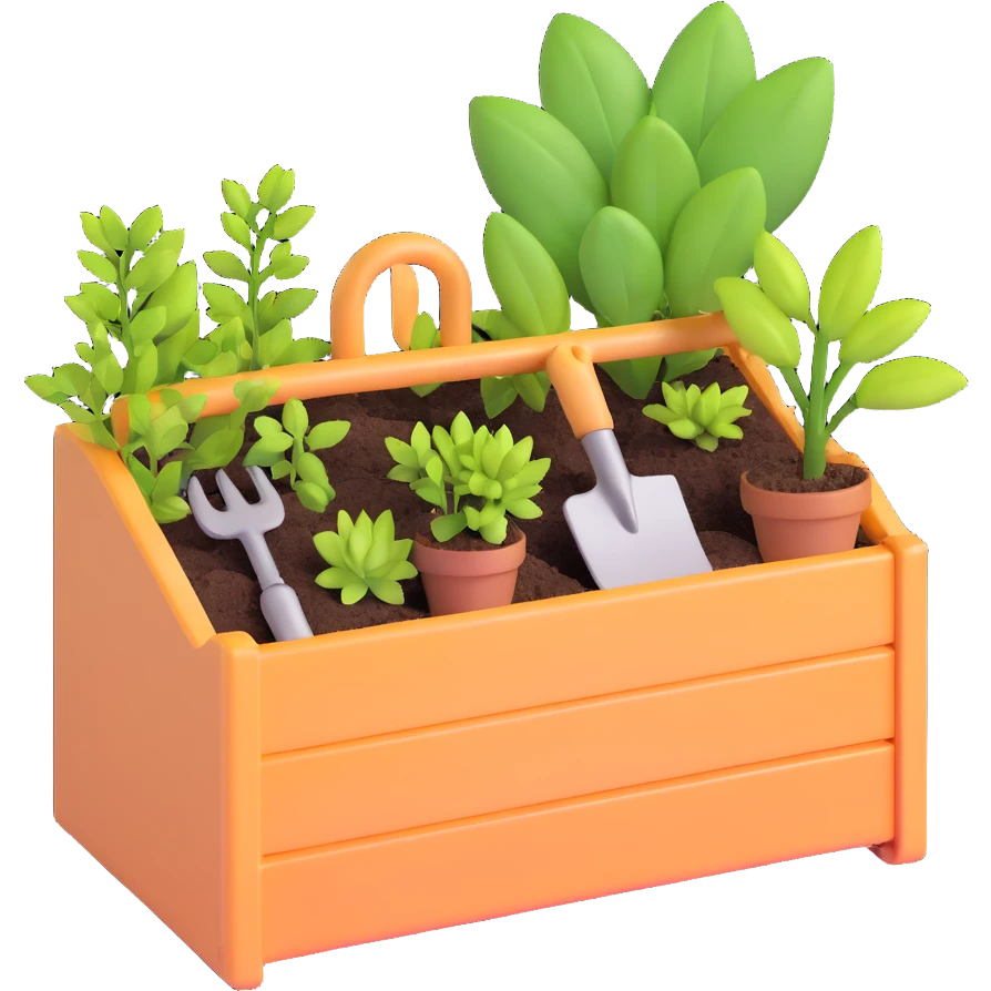 spring gardening tool box with small plants emoji