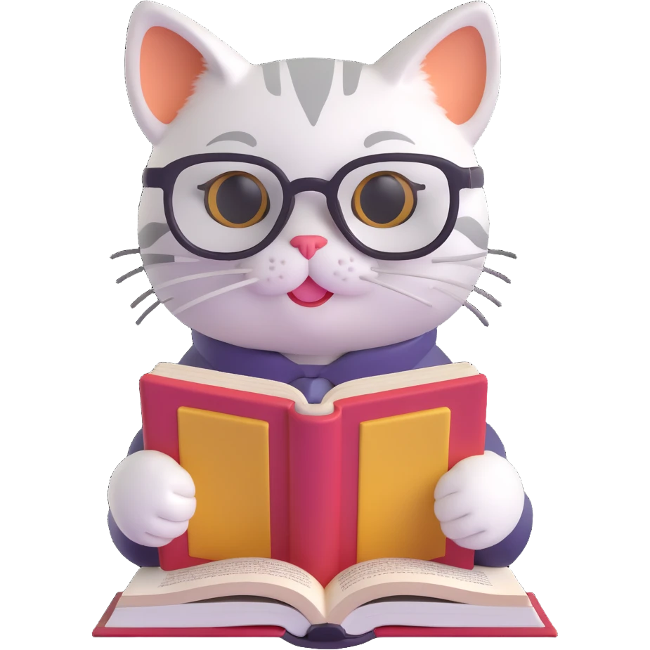A cat with glasses reading a book, vibrant colors, detailed, playful emoji