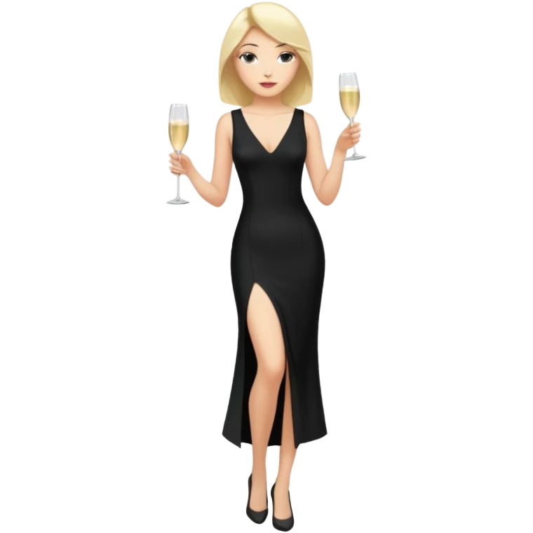 Blonde Woman, Long black slipdress, Slot left Leg,man black Cut,fly, Champagner glas emoji
