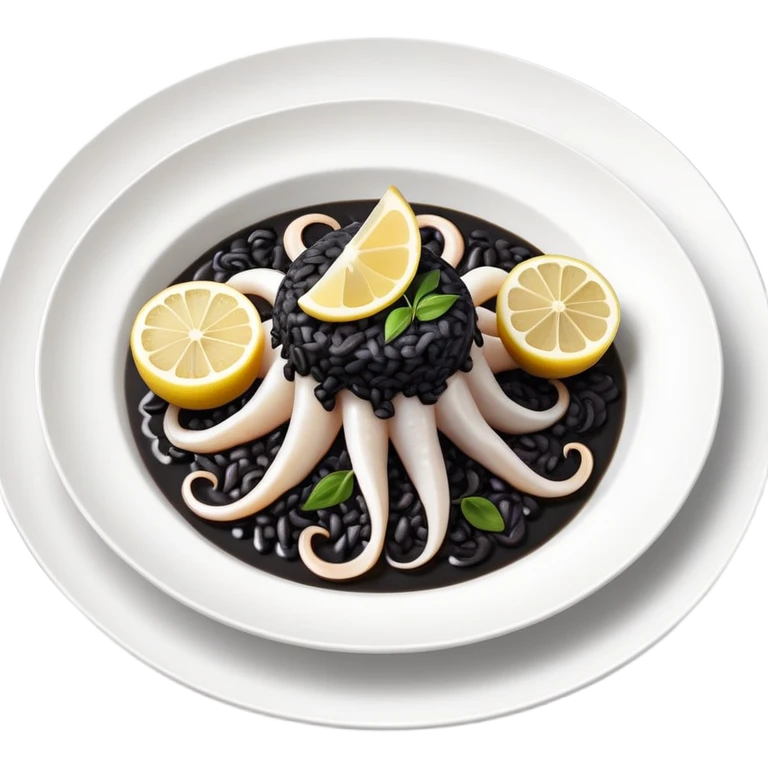 cinematic-realistic-black-risotto-dish,-showcasing-lagre squid pieces-rendered-with-bold-textures-and-dynamic,-dramatic-lighting in a white plate with a grilled lemon on top emoji