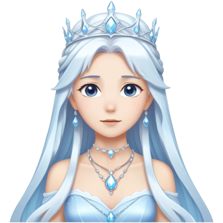 Shiny cute mature Beautiful anime ice queen with white long pretty hair with light-blue streaks, wearing an icy thin long dress and a silver tiara, necklace,  emoji