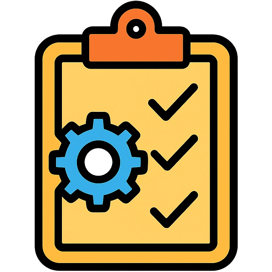 Work order clipboard with gear symbol and checklist emoji