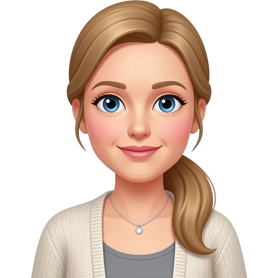 pink cheeks, smaller Blue eyes, light skin, longer blonde/brown hair pony tail, 38 aged women, cardigan, grey top,small necklace emoji