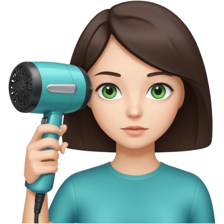 brunette bob girl hair stylist with blue green eyes holding a hair dryer emoji