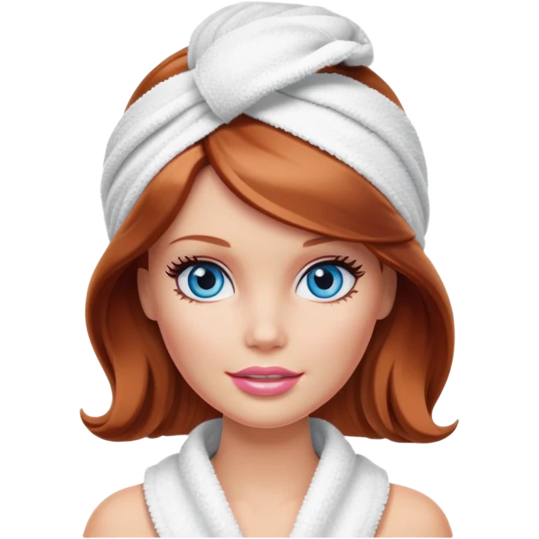 A Barbie face blue yeas with shoulder-length reddish brown hair, makeup with cream on face and a towel on her head emoji