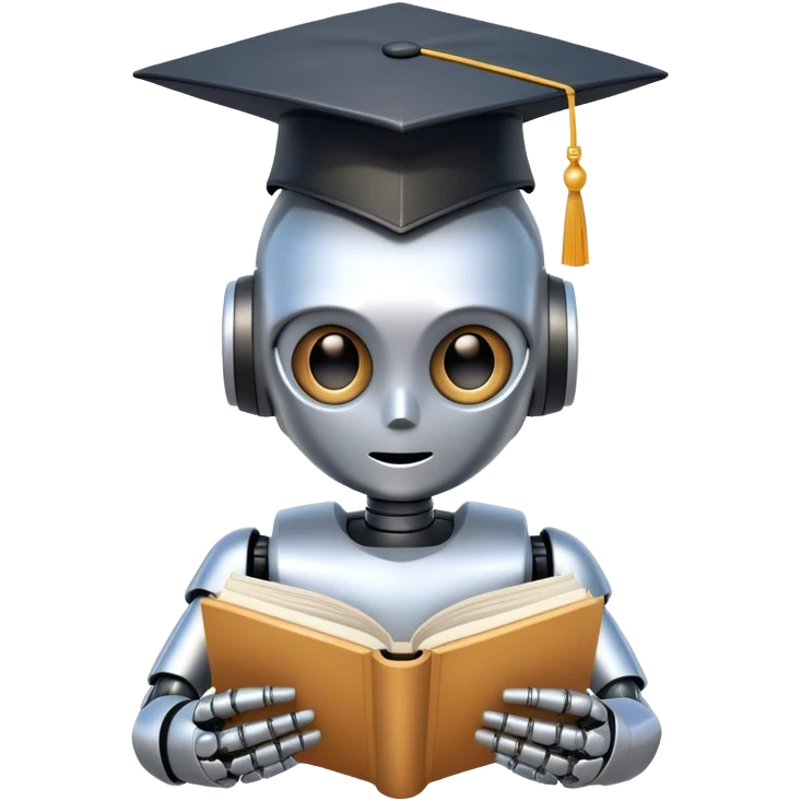 Ai  robot reading a big book with graduation head emoji