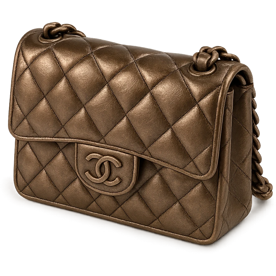 a pink Chanel purse, metallic bronze finish, elegant and shiny emoji