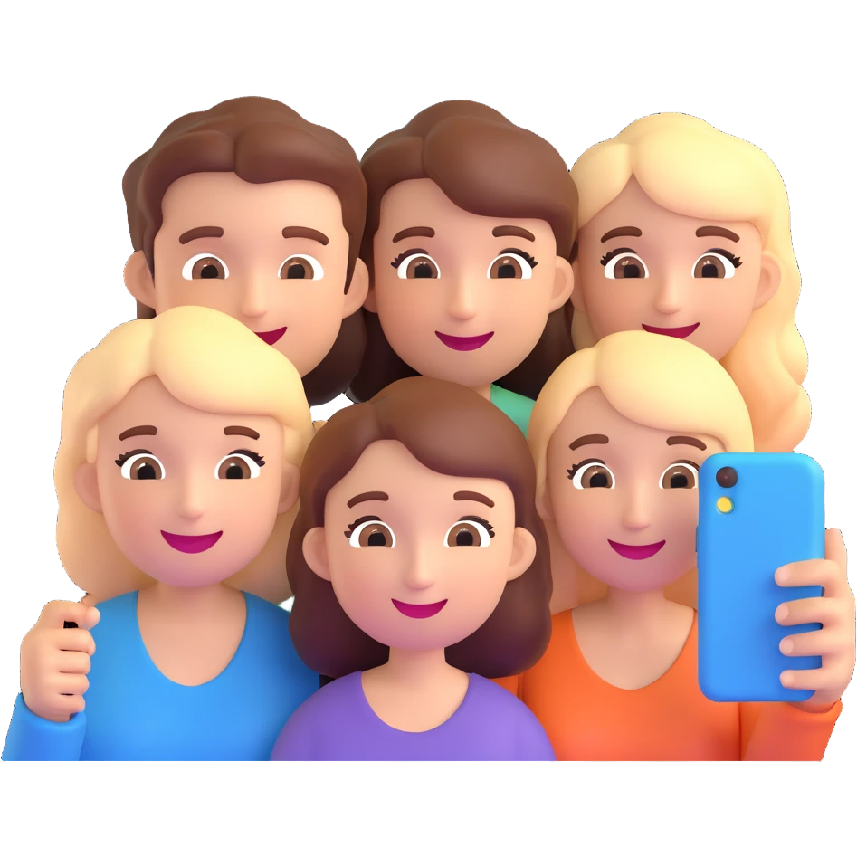 a group of friends taking a selfie, 3D emoji style, smiling, fun, bright colors emoji