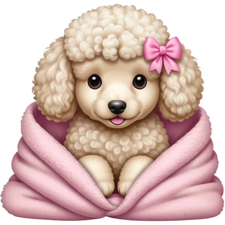 Poodle wearing a pink bow in a cream colored blanket emoji
