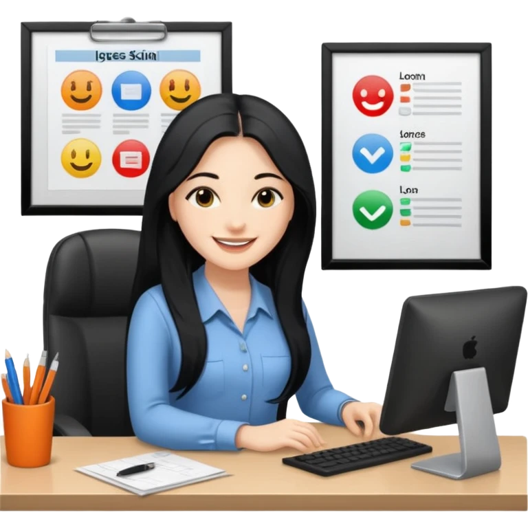 women working in office with black long hair and smile emoji