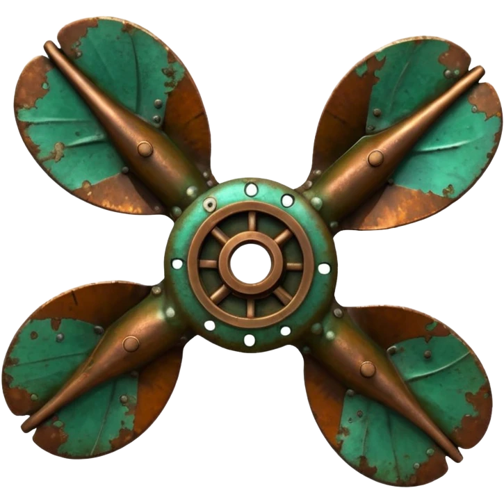 3D render of Ship Propeller, heavily oxidized copper texture, verdigris patina, Bronze blades with green barnacle/rust spots, weathered bronze aesthetic, ancient decay, emoji style, isolated on white background --v 6.0. emoji