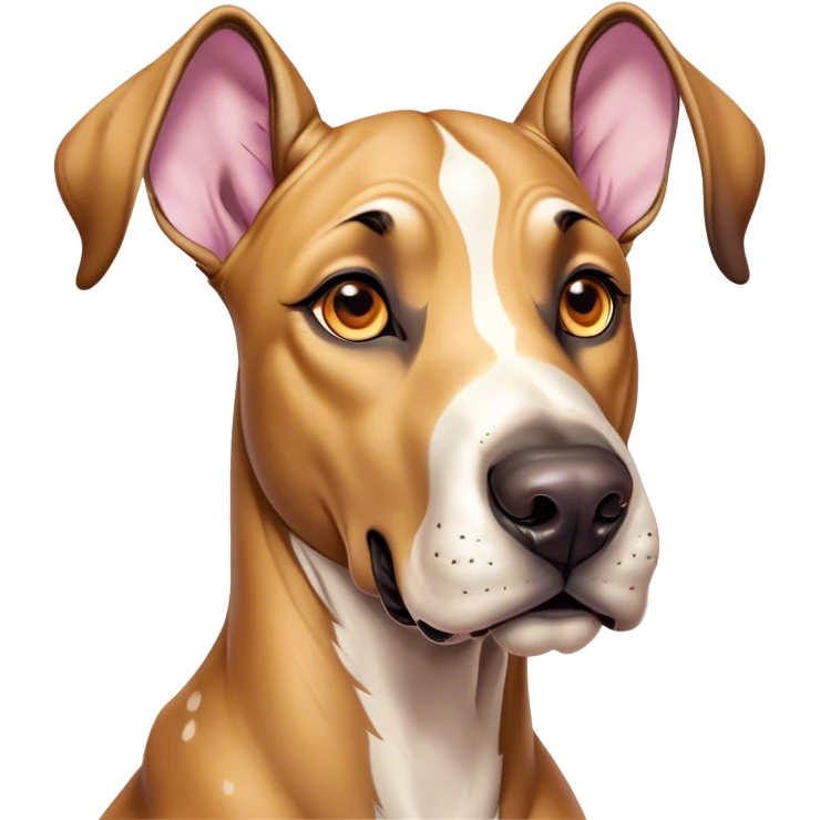 Cinematic Comical Fawn Great Dane Portrait Emoji, Head tilted dramatically with an exaggeratedly amused expression, featuring a sleek fawn Fur, wide, expressive amber eyes filled with playful disbelief, Simplified yet hilariously expressive features, highly detailed, glowing with a slightly sassy glow, high shine, dramatic yet playful, stylized with an air of cheeky mischief, bright and endearing, soft glowing outline, capturing the essence of a spirited and over-the-top guardian, so meme-worthy it feels like it could side-eye its way into internet fame instantly! emoji