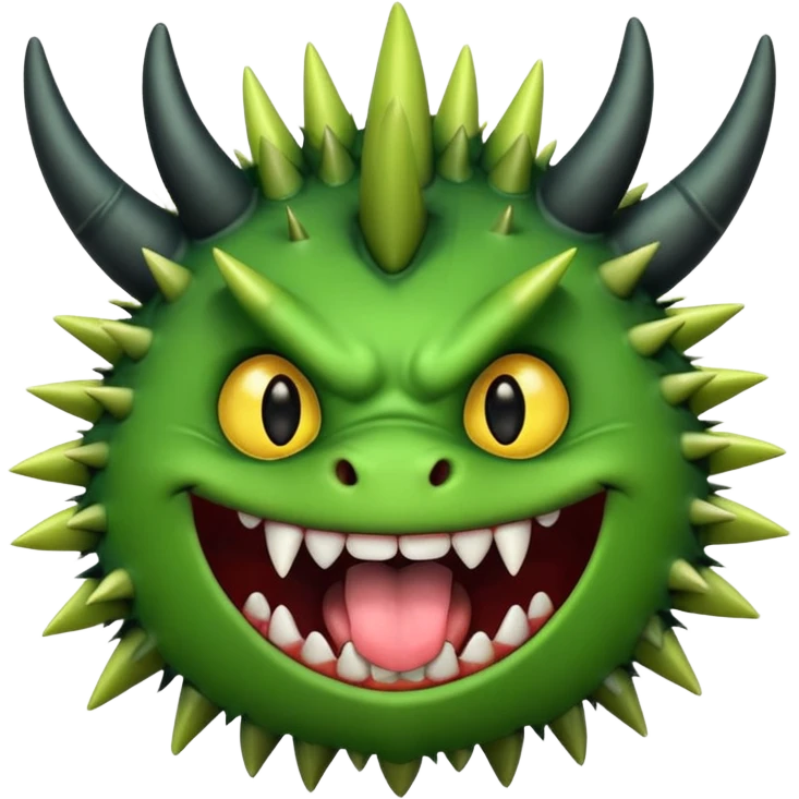 A green monster with two small black horns, spiky fur, big round yellow eyes, and a wide grin showing sharp teeth with its tongue playfully sticking out.  emoji