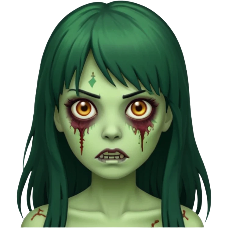 mulher verde zumbi cabelos longos pretos e franja emoji