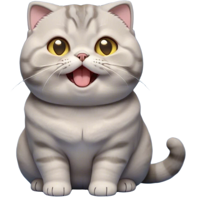 Cinematic Cute Chubby Grey Munchkin Scottish Fold Cat Portrait Emoji, Adorable folded ears and tiny, stubby legs making it irresistibly cute, round and plump body, head tilted playfully and yawning, sleek soft grey fur with subtle blue undertones, big, sparkling yellow eyes, Simplified yet adorable features, highly detailed, glowing with a warm, friendly glow, high shine, curious yet calm, stylized with a touch of whimsy, bright and endearing, soft glowing outline, capturing the essence of a mischievous yet loving and lazy kitty with its signature folded ears and tiny legs, so cute it feels like it could stretch out of the screen and cuddle! emoji