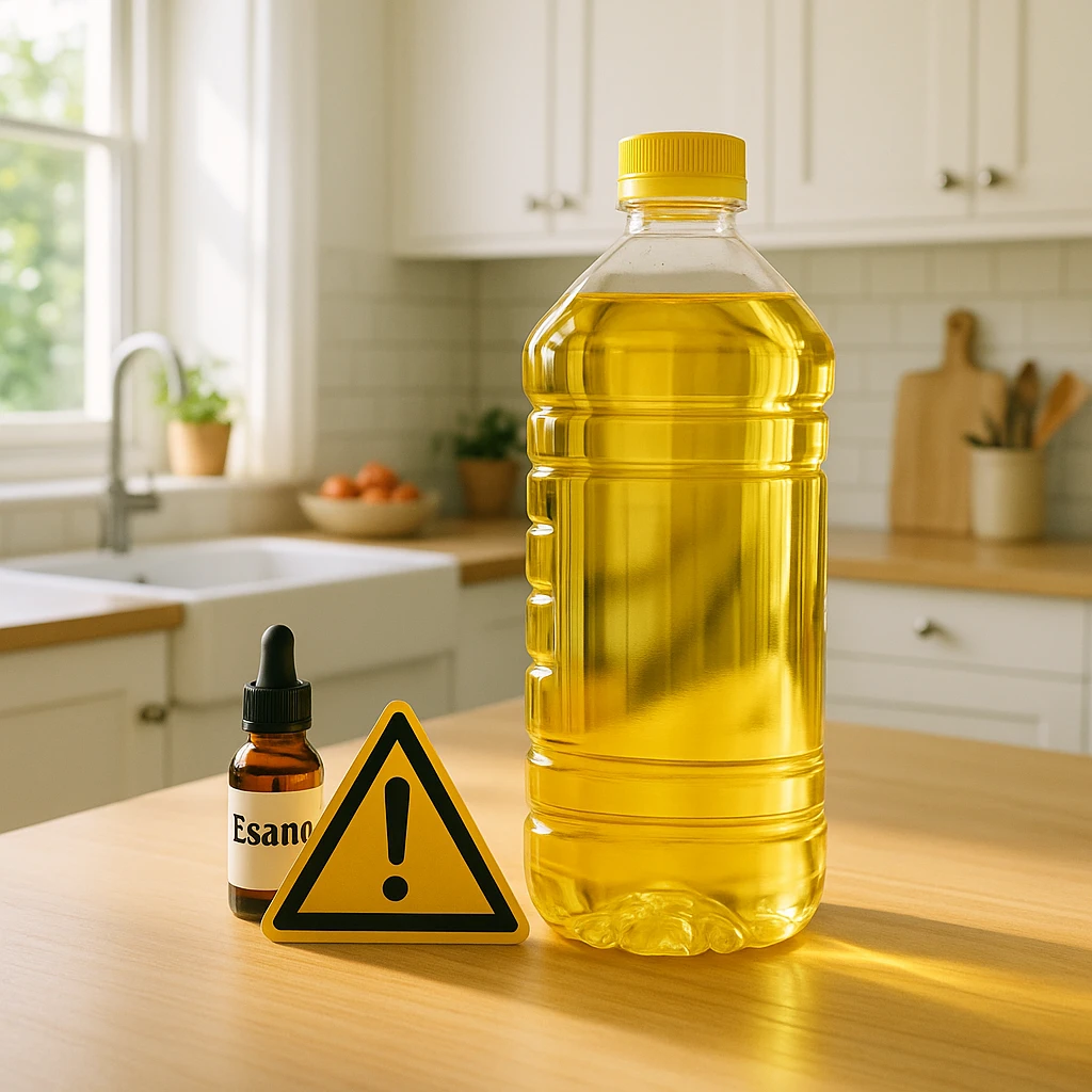 bright and healthy kitchen with an elegant bottle of vegetable oil (sunflower or soybean) prominently displayed; nearby a small bottle labeled 'Esano' and a warning sign to create visual tension; natural light with delicate shadow on the oil bottle emoji