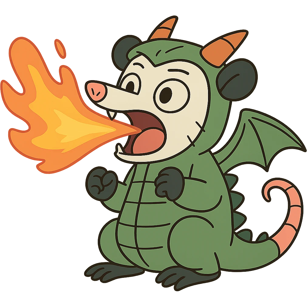 cute cartoon possum breathing fire, dressed as a dragon with wings, flat toon style emoji