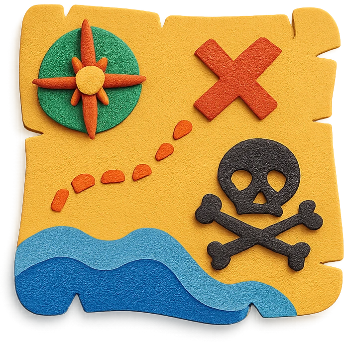 treasure map with compass rose, waves, and pirate symbols, vibrant colors emoji