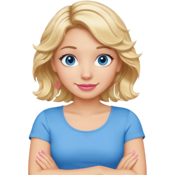 Girl Blonde short wavy hair,  blue eyes, cute blue top, long lashes, pink lips, smiling, making cross arms with arms  emoji