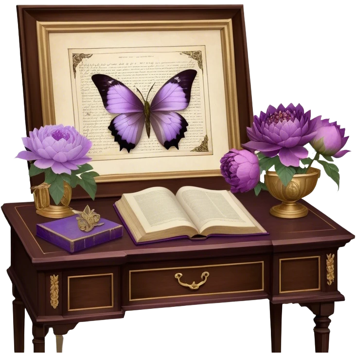 Amidst a vintage study, an aged botanical journal with gilded pages rests on a mahogany desk, its parchment adorned with carefully preserved lilac roses, ice violet peonies, and amethyst dahlias, while a pearl butterfly flutters briefly before settling on a handwritten annotation, as if drawn to the wisdom of the past emoji
