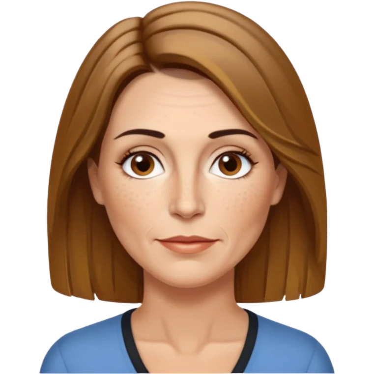 50 year old Caucasian woman with shoulder length brown hair and blond highlights and no bangs. Brown eyes with thin, black eyebrows. Medium size nose with a couple of freckles. Thin lips and slender shoulders. emoji
