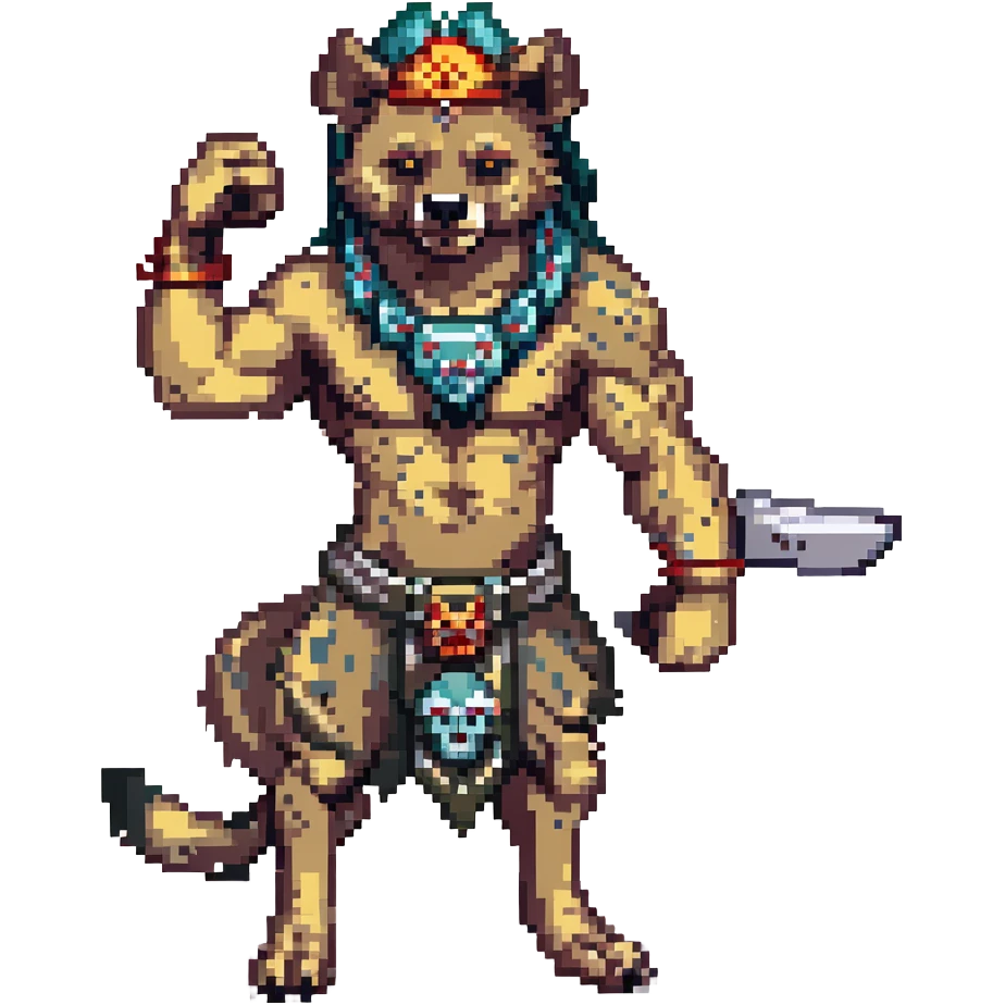 A native strong buff hyena with war bonnet flexing posing full body holding a chopped off human head by the hair  emoji
